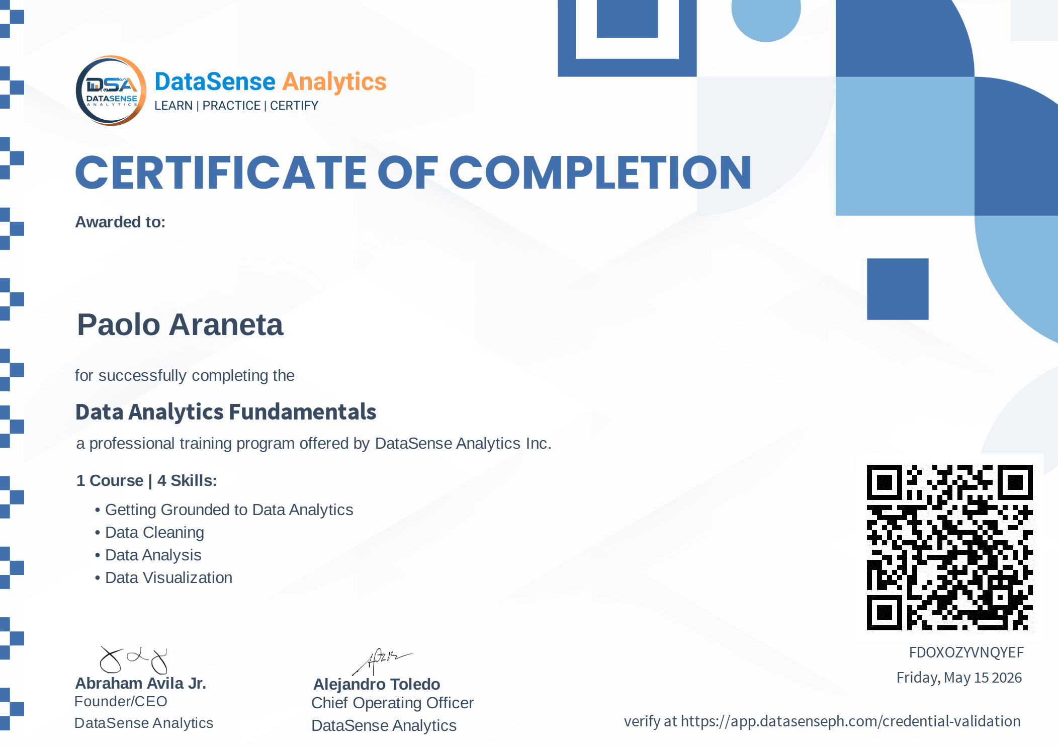 Data Analytics Fundamentals certificate preview